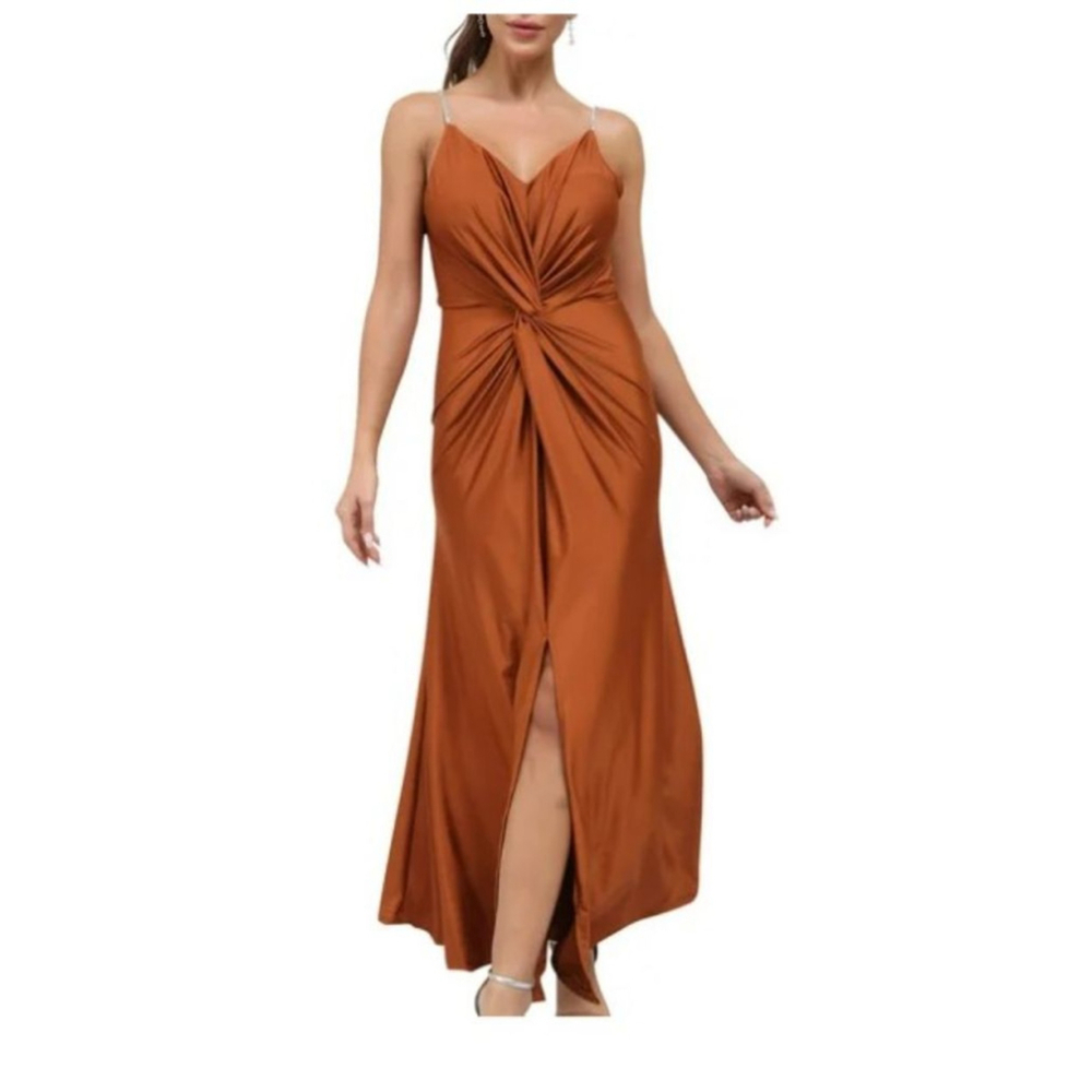 Rust Orange Maxi Dress Rhinestone Straps Sleeveless Long Women Size M